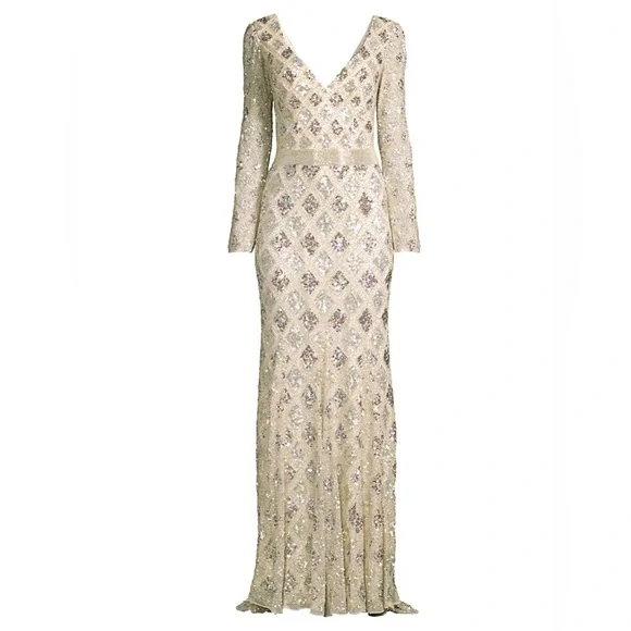 MacDuggal Lattice Sequin Long-Sleeve Gown nude sparkles size 4 - Picture 3 of 14